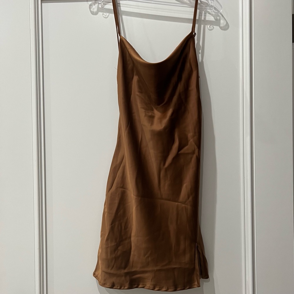 Brown Satin Mini Dress w/ Slit